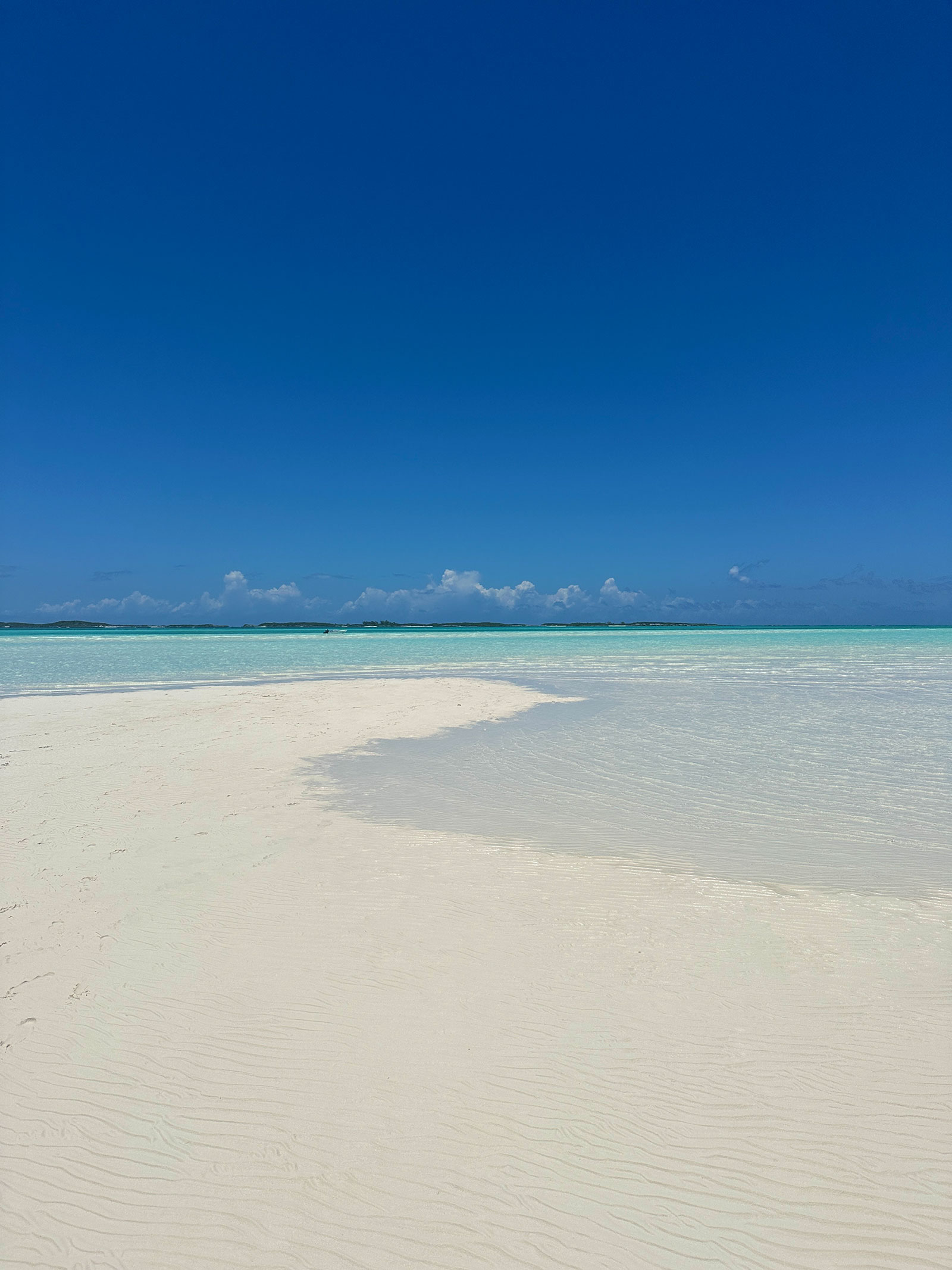 Indigo-House_beach-3_1600 Shallow turquoise water and white sandbar at Exuma's Tropic of Cancer Beach under a clear blue sky