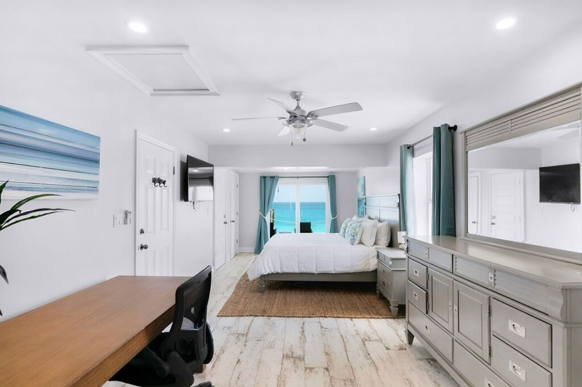 Indigo House Bedroom Bedroom at Indigo House Exuma with ocean views.
